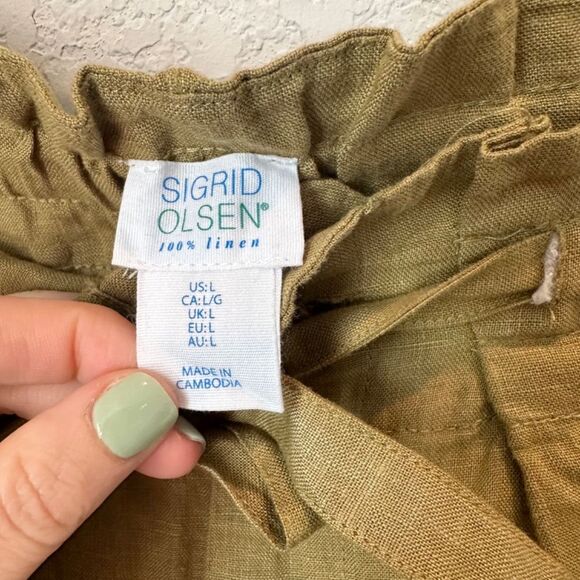 NWT Sigrid Olsen Army Green 100% Linen High Waist Paper Bag Tie Front Shorts L - Picture 3 of 5